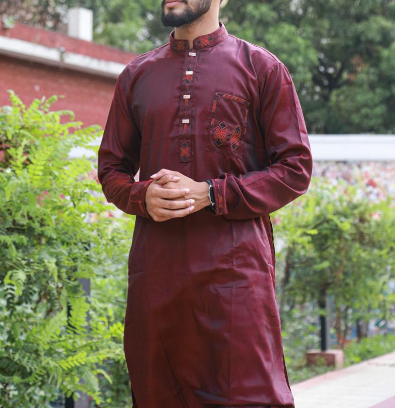 Men's Semi Long Embroidery Work New Panjabi (Snap Button/ টিপ বুতাম)