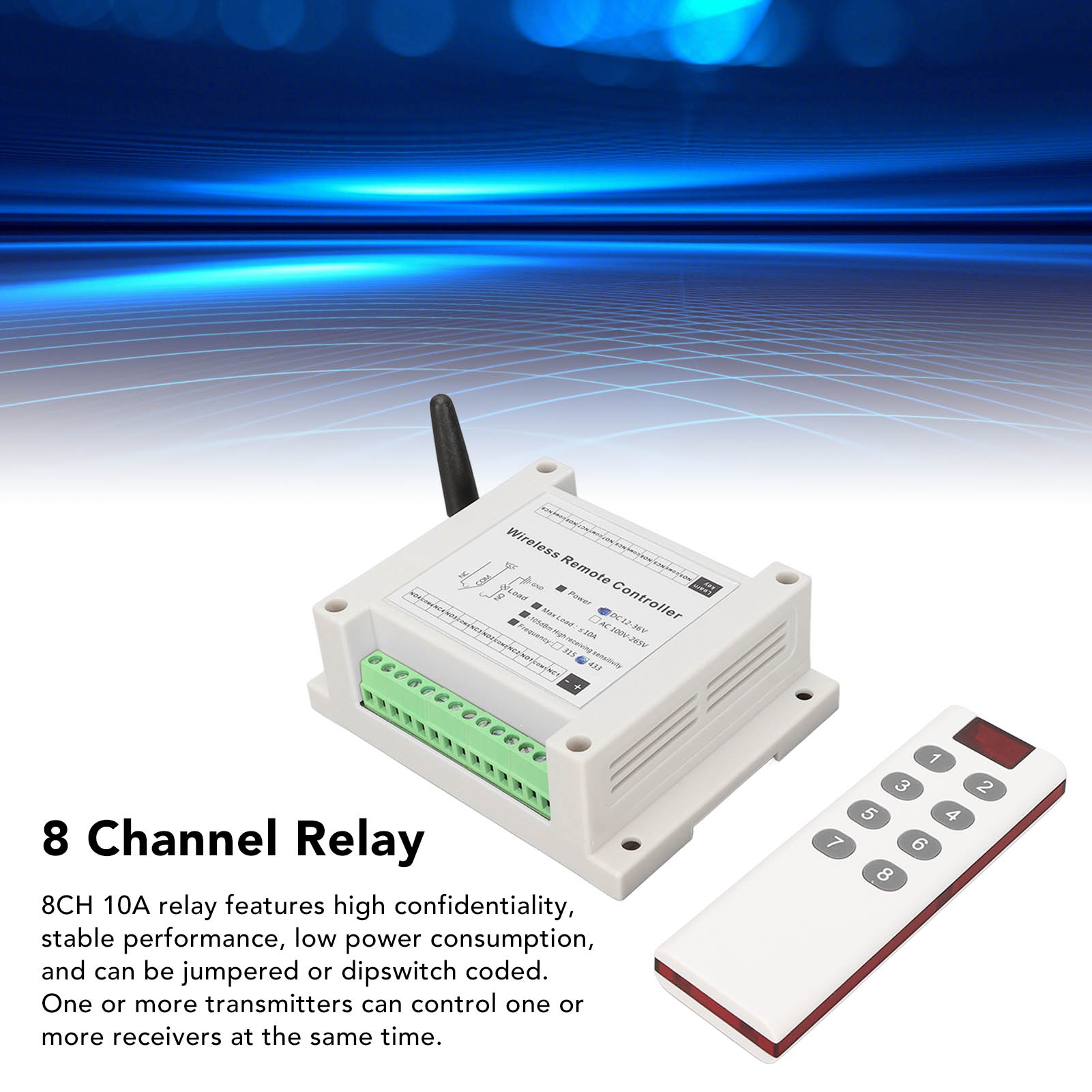 8 Channel Relay, Relay Module 8CH 10A DC 12V-36V with Remote Control for Industrial Automation. 