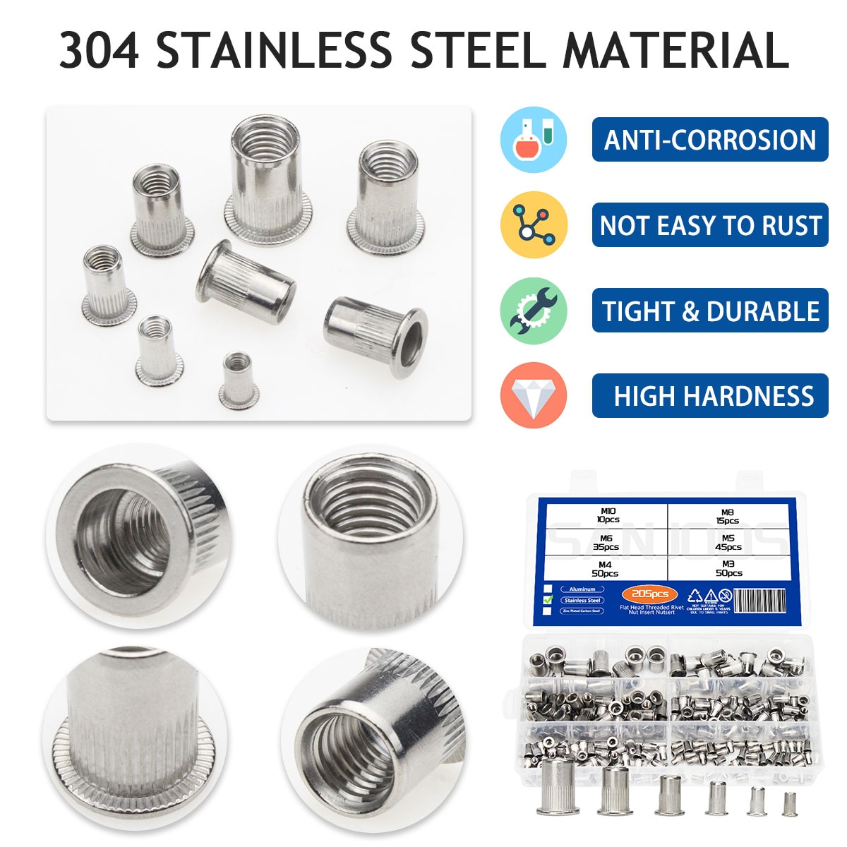 205Pcs Flat Head Threaded Rivets Nut M3 M4 M5 M6 M8 M10 Stainless Steel Rivnut Zinc Plated Rivet Nut Aluminum Insert Nutsert Kit. 