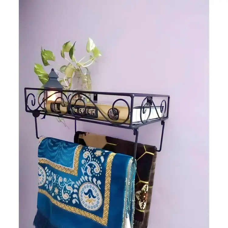 Versatile 12" Black Metal Wall Quran Stand – Features 2 Jaymamaz Hangers – Perfect for Quran Sharif Display and Jainamaj Hanging – Elegant and Practical Wall Mount Stand for Home or Mosque.. 