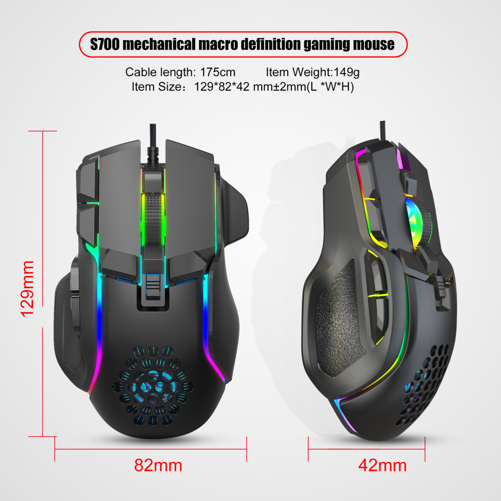 1 pair 10-key Wired Mouse Macro Programming 13 RGB Lighting Modes 6-speed 12800dpi Gaming Mouse with Portability. 