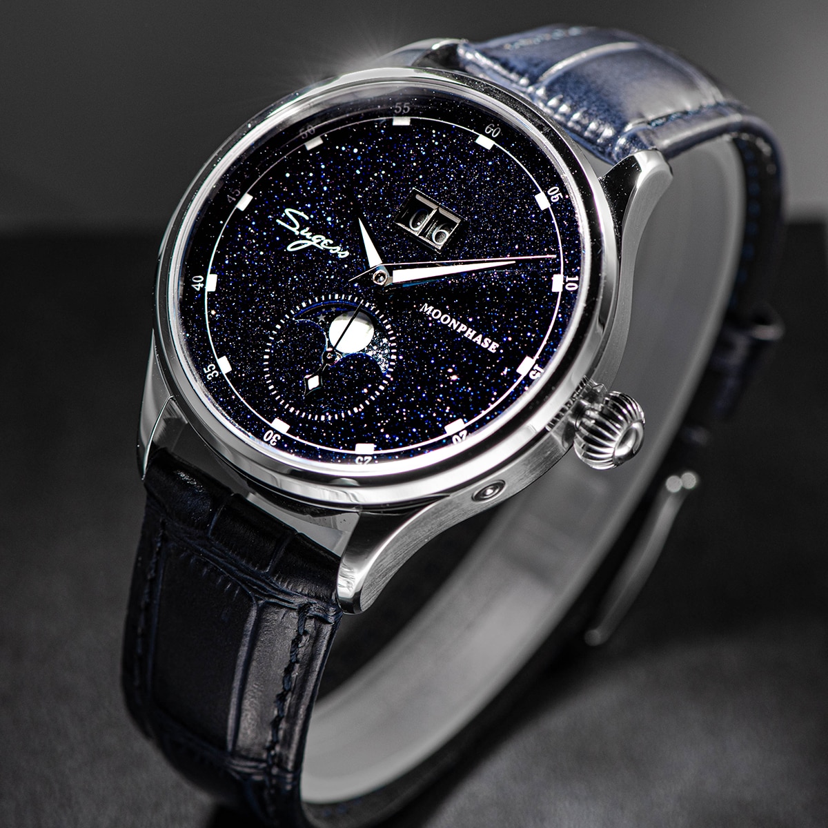 Sugess Moonphase Watch of Men 40mm Automatic Mechanical Wristwatches Seagul ST2528 Movement Stainless Steel Blue Sandstone Dial. 