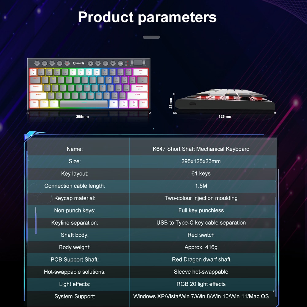 REDRAGON Soraka K647 RGB USB Mini Slim Ultra-Thin Designed Wired Mechanical Gaming Keyboard Red Switch 61 Keys for Compute PC. 