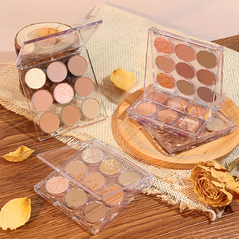 xixi transparent embossed nine-color eyeshadow palette milk tea earthy pearlescent matte glitter sequins student party parity. 