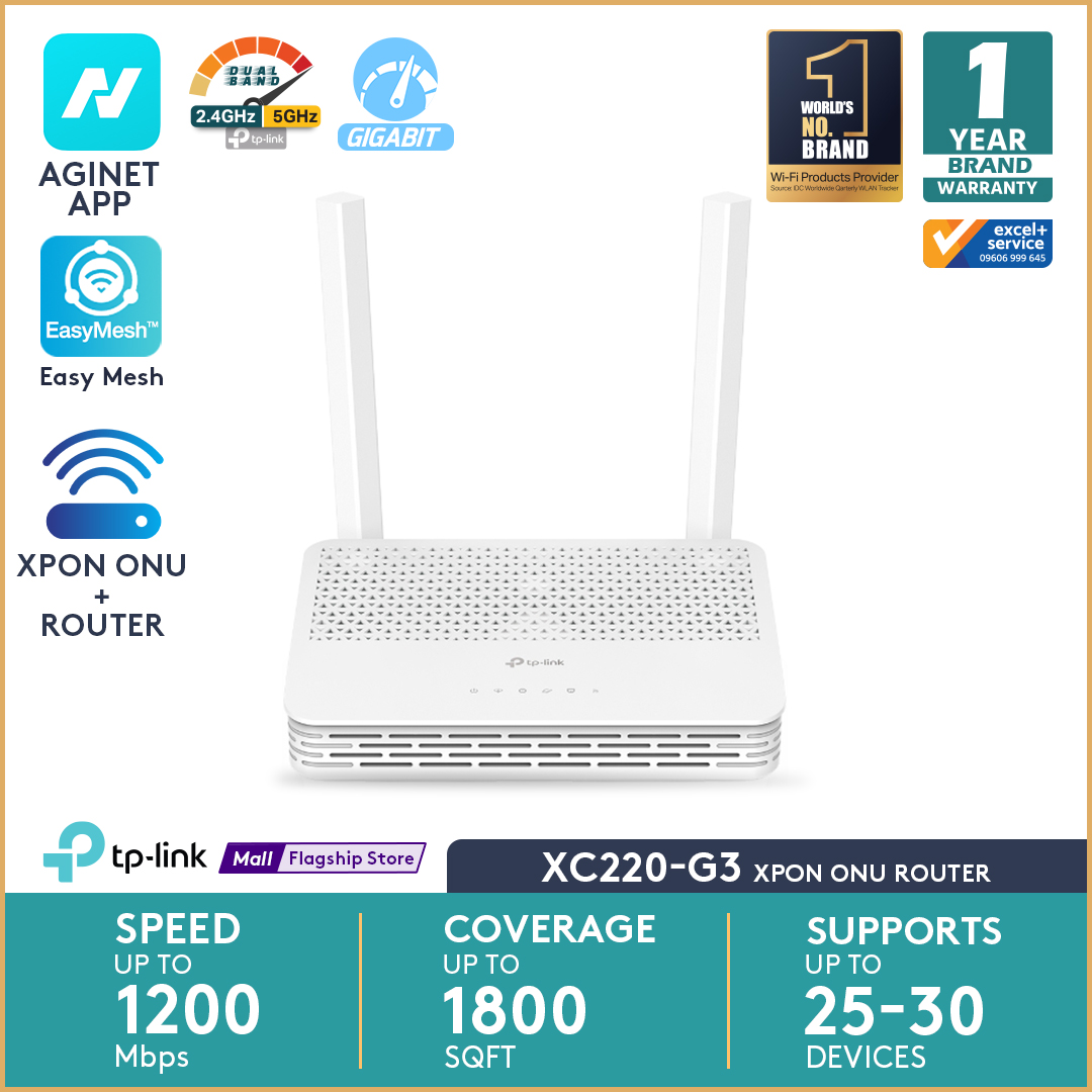 TP-Link XC220-G3 AC1200 Wireless XPON ONU Router Up to 1.2Gbps Wi-Fi Speed, 300Mbps 2.4GHz, 867Mbps 5GHz  Dual Band Gigabit with EasyMesh. 
