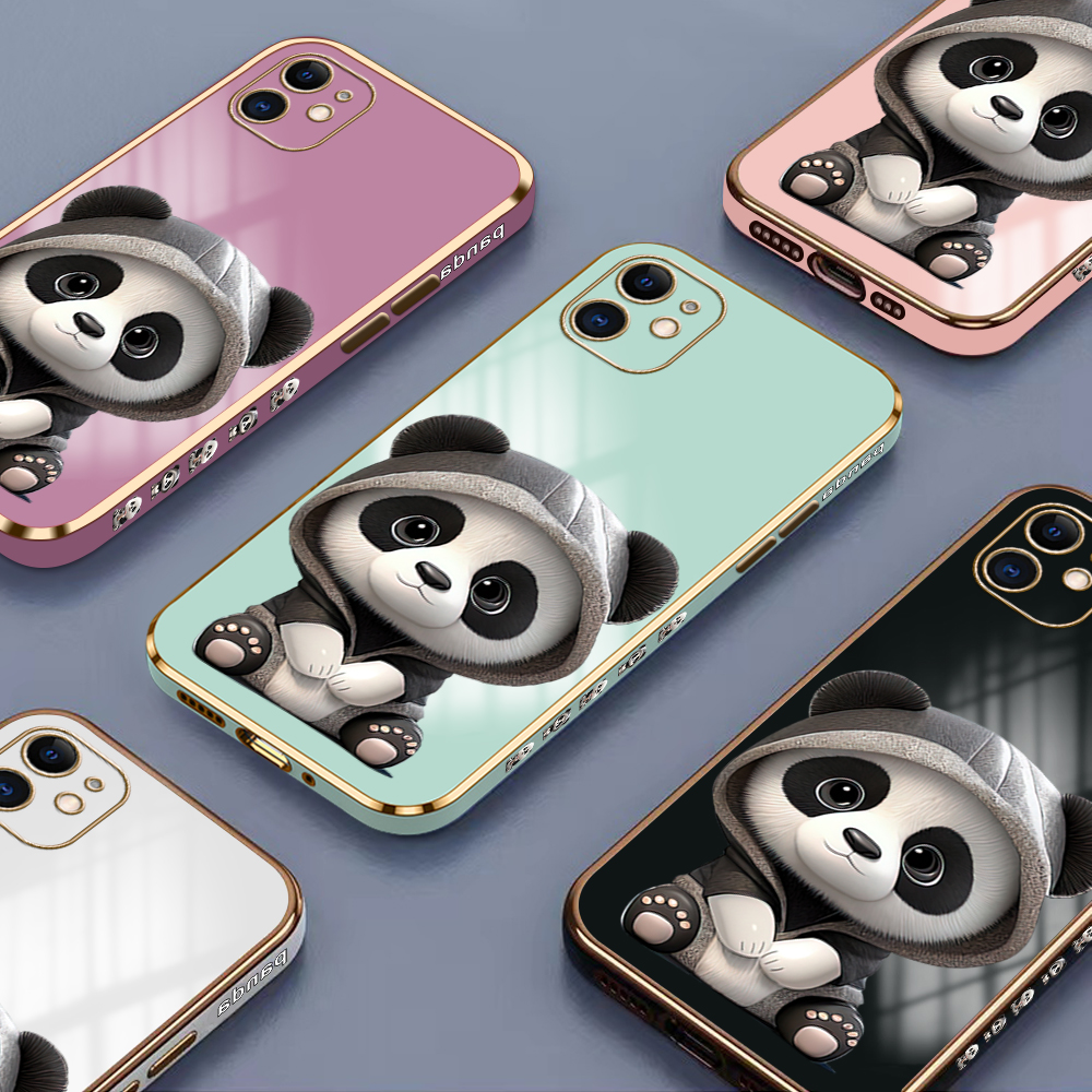 Hontinga for OPPO A76 A36 Back Cover With Free Strap Luxury 6D Plating Cute Panda Side Pattern Case Soft Silicone Square Mobile Cover. 