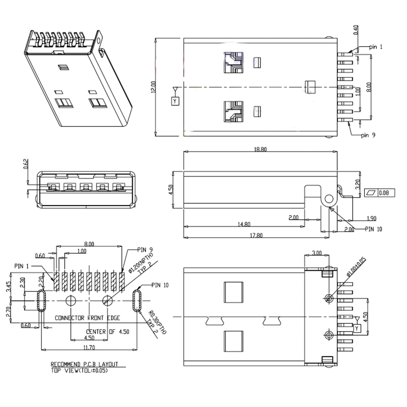 5pcs USB 3.0 A Type Male Plug Jack Connector 9 Pin SMT SMD High-speed Data Transmission USB 3.0 Jack Charging Socket Soldering. 