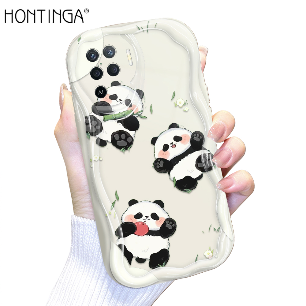 Hontinga for OPPO F19 Pro A94 Back Cover Cute PandaCream Texture Phone Case Wavy Edge Soft Silicone Cover