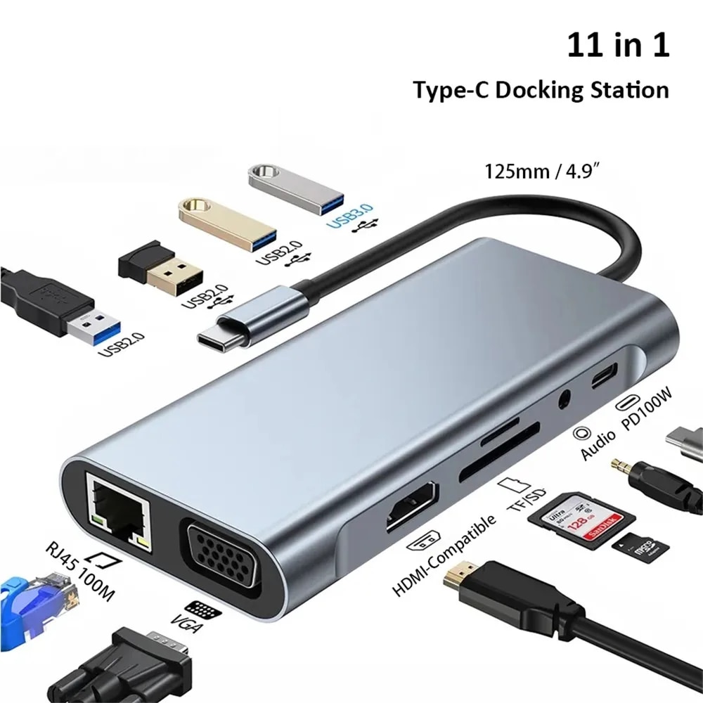 MZX 11-in-1 Docking Station USB Hub Tipo C Type A Extension Dock To HDMI-compatible VGA Ethernet for Macbook Laptop Notebook PC. 