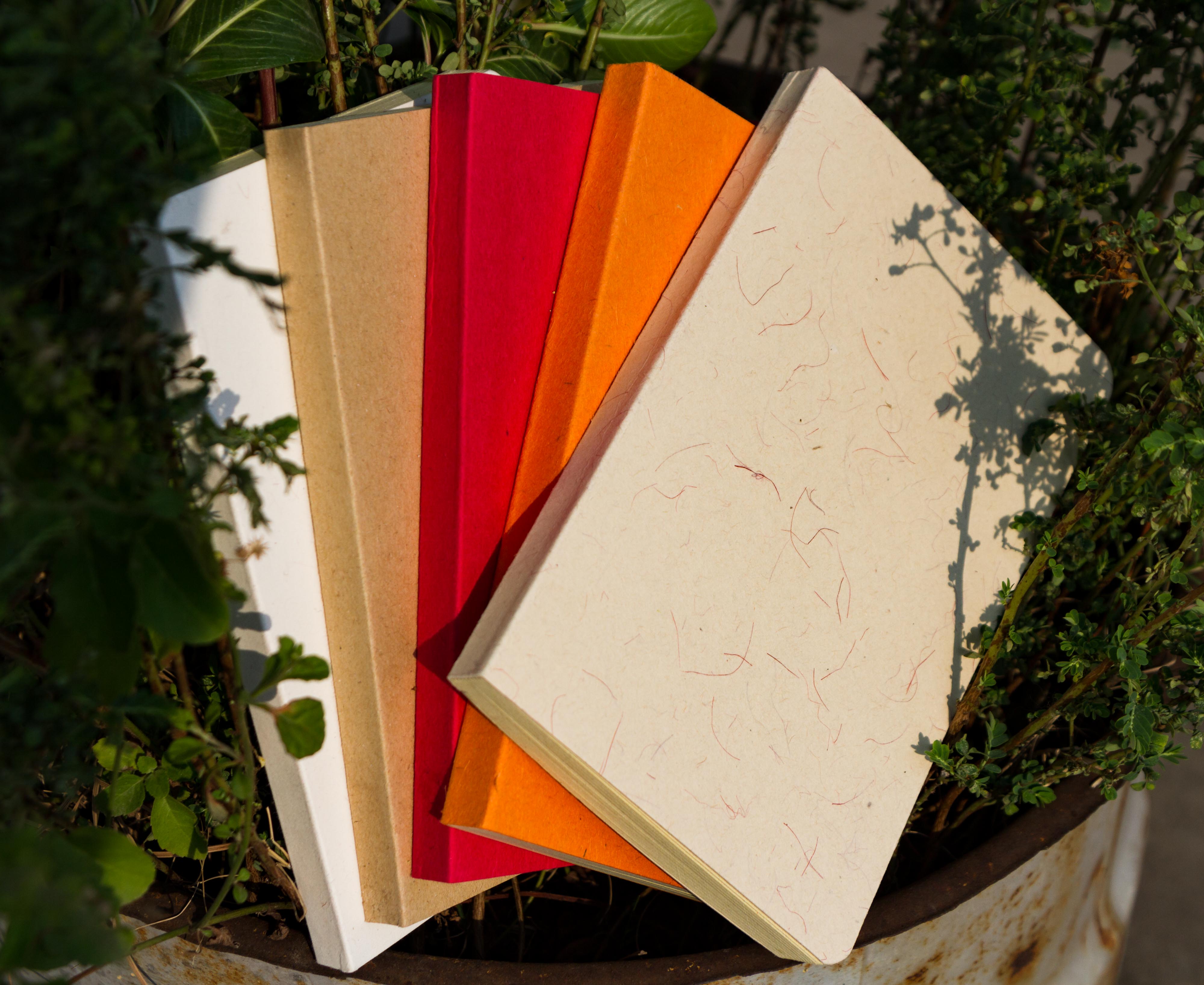 Tent Series Yellowish Page Hand Made Texture Grey, Kraft, Orange, Red & Texture White Cover Notebook 5-Pack. 