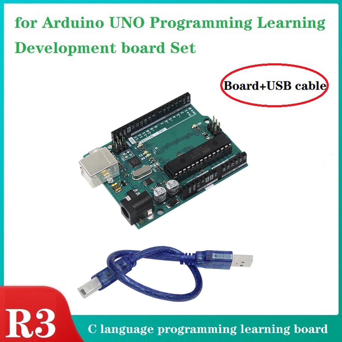 For Arduino UNO R3 Atmega328P 32KB 7-9V Arduino MCU C Language Programming Learning Development Board Green +Metal with Data Cable. 