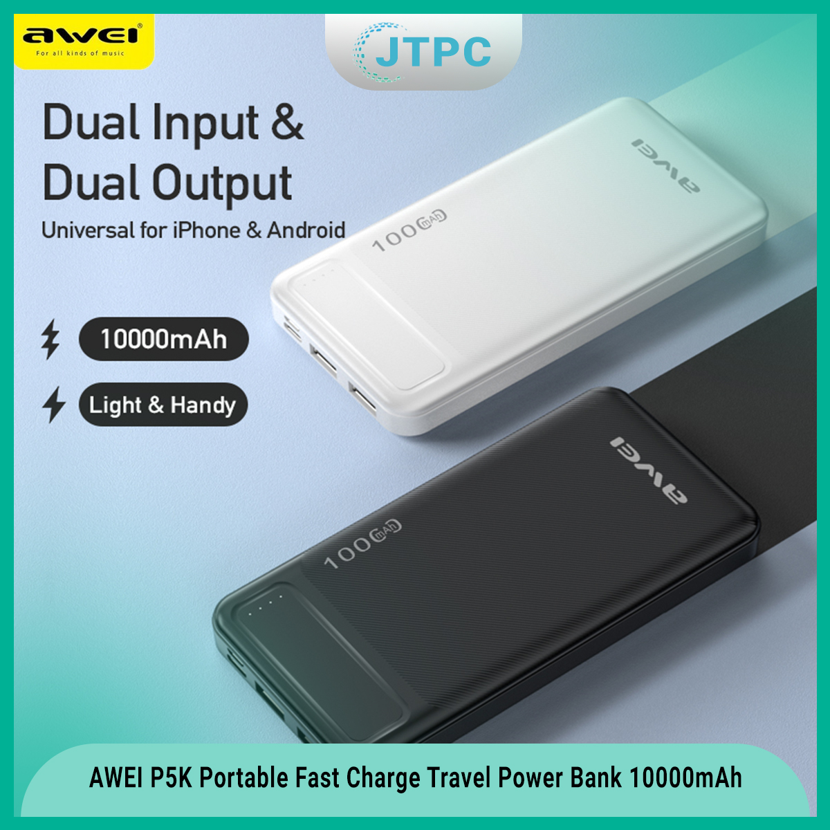 AWEI P5K Portable Power Bank 10000mAh Power bank Dual USB A Type c Micro Dual input Fast Charge Travel Powerbank For Mobile Phone. 