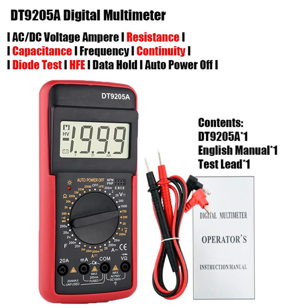 DT9205A Professional Digital Multimeter Manual Range Voltmeter Ammeter Hfe Transistor Test Ohm Hz Capacitance Continuity Tester