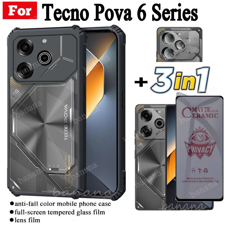 For Pova 6 Pro 5G Shockproof Phone Case for Tecno Pova6 5G Pova 5 Pova 5 Pro Spark 20 Pro Go 2024 2023 Anti Spy Soft Ceramic Matte Privacy Tempered Glass