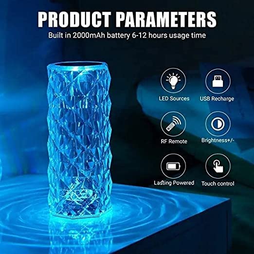 16 Color Crystal Lamp LED Night Light, Crystal Rose Diamond Table Lamp Touch Control, USB Rechargeable Bedside Lamps Romantic Lighting for for Kids Bedroom,College Dorm,Party Dinner. 