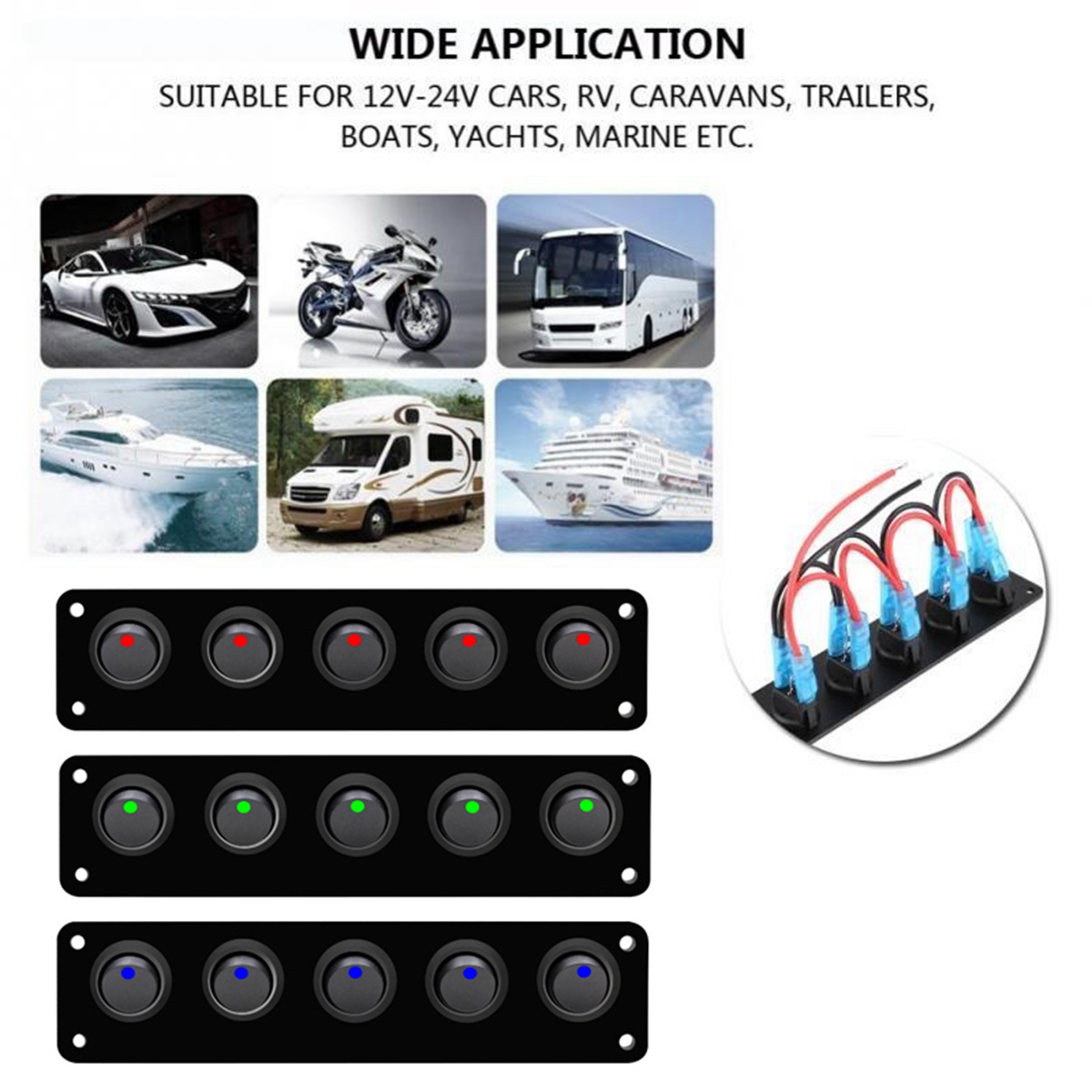 Waterproof 5 Gang Accessories Round Dash Rocker Toggle Switch Panel for RV Ship Yacht Marine Car Marine Ship Red. 