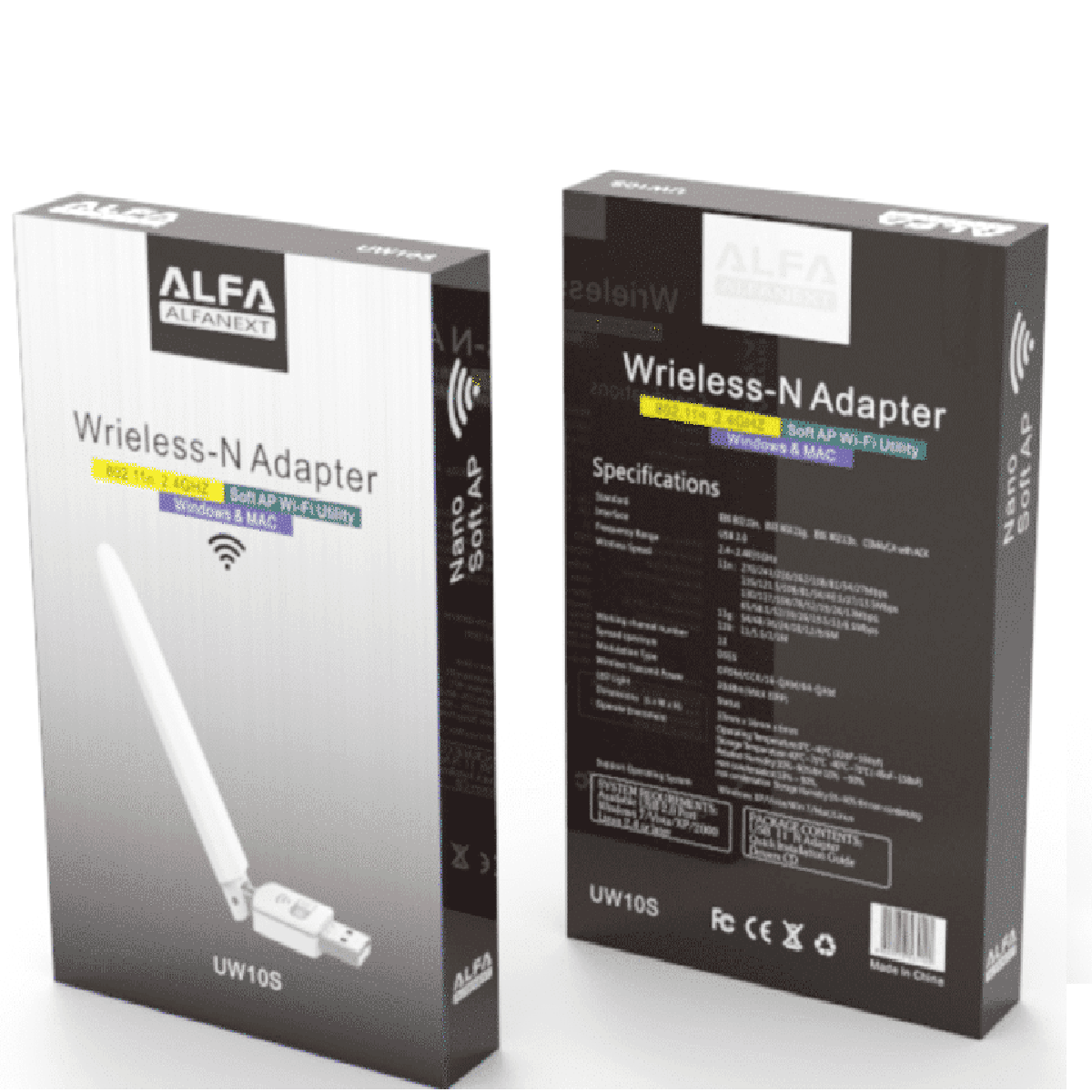 USB Wireless-N Adapter UW10S Alfa with Antenna- Black. 