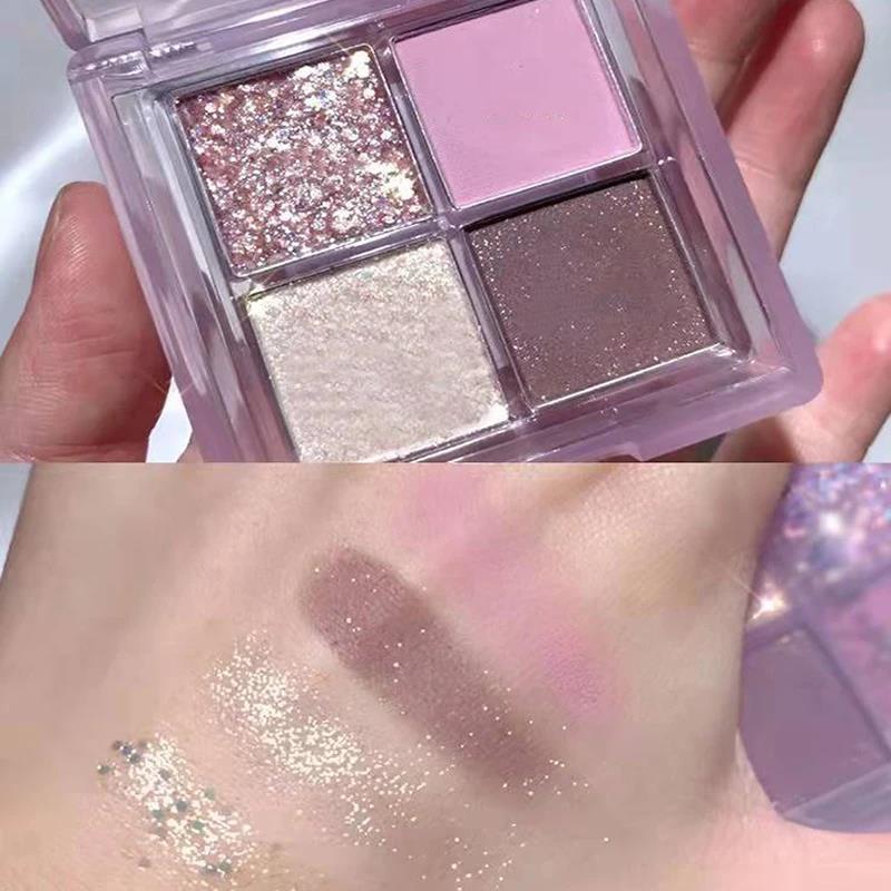 Four-color Eyeshadow Palette Glitter Sequins low-saturation Purple Grey Brown Matte Pearlescent Earthy Eye Shadow Pallete Makeup. 