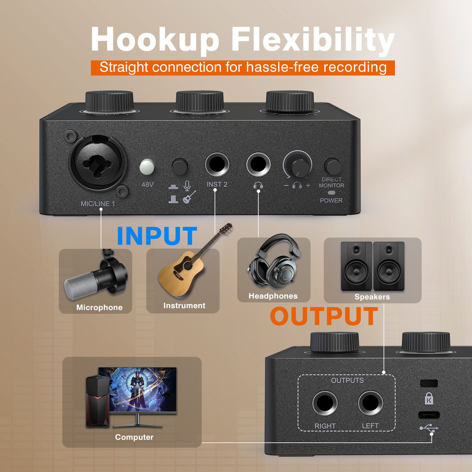 FIFINE Sound Mixer for Condenser Microphone with Gain Knob,Audio interface with 48V Phantom Power for XLR Mic Podcast-Ampli1. 