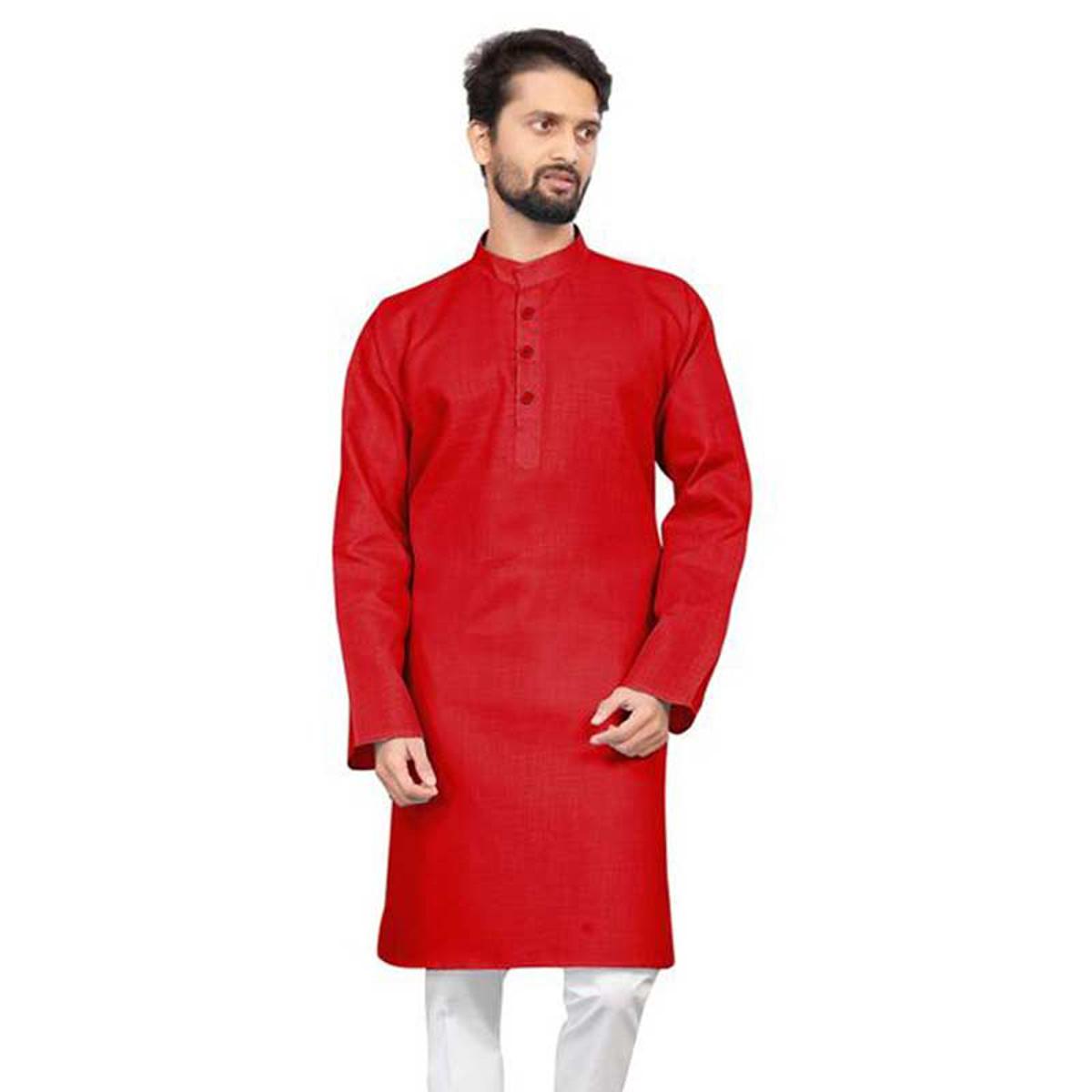 Trendsetter -Red color panjabi for men new collection 2024 | Solid color cotton panjabi for men red | Gaye holud panjabi for men- Inventive Choice. 