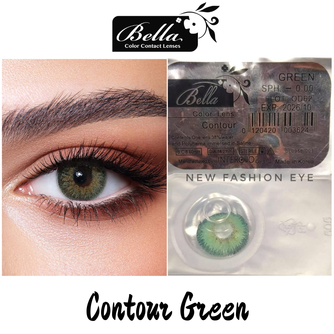 New Bella Contour Green Color Contact Lens With Regular Kit Box For Men and Women. 1 Pair Bella Color Contact Lens For Eye Makeup and Cosmetics. Bella Contour Series. #contour. 