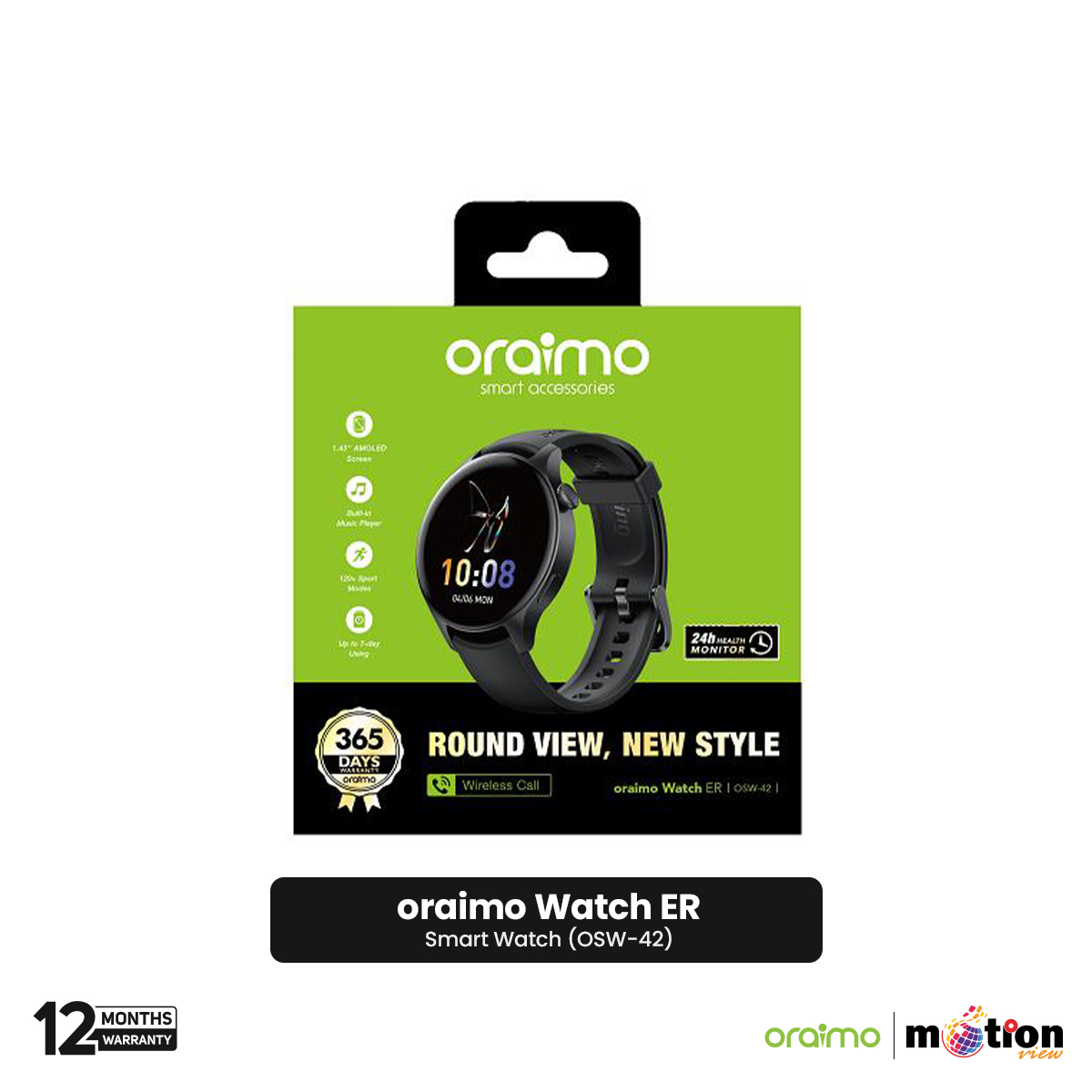 Oraimo Watch ER 1.43” AMOLED IP68 Smart Watch (OSW-42) - Black. 