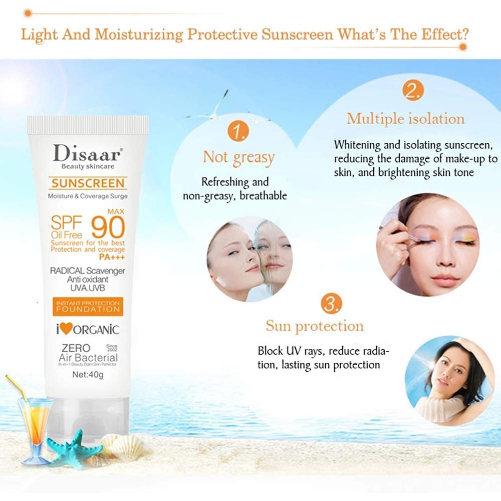 Disaar SPF90 Oil-Free Sunscreen Cream 40g | Instant Protection UVA UVB Foundation PA+++. 
