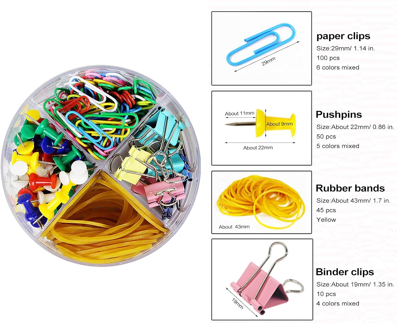 Office Stationery Set Map Push Pins  Paper Clips  Paper Binder Clips  Rubber Bands with Organized Box for. 