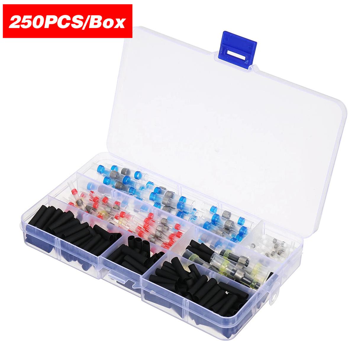 250PCS/Box Waterproof Heat Shrink Tube Assorted Solder Seal Sleeve Wire Connectors Shrinkage Tubing Butt Terminal Connector with Storage Case for DIY (2:1 Shrink Ratio)