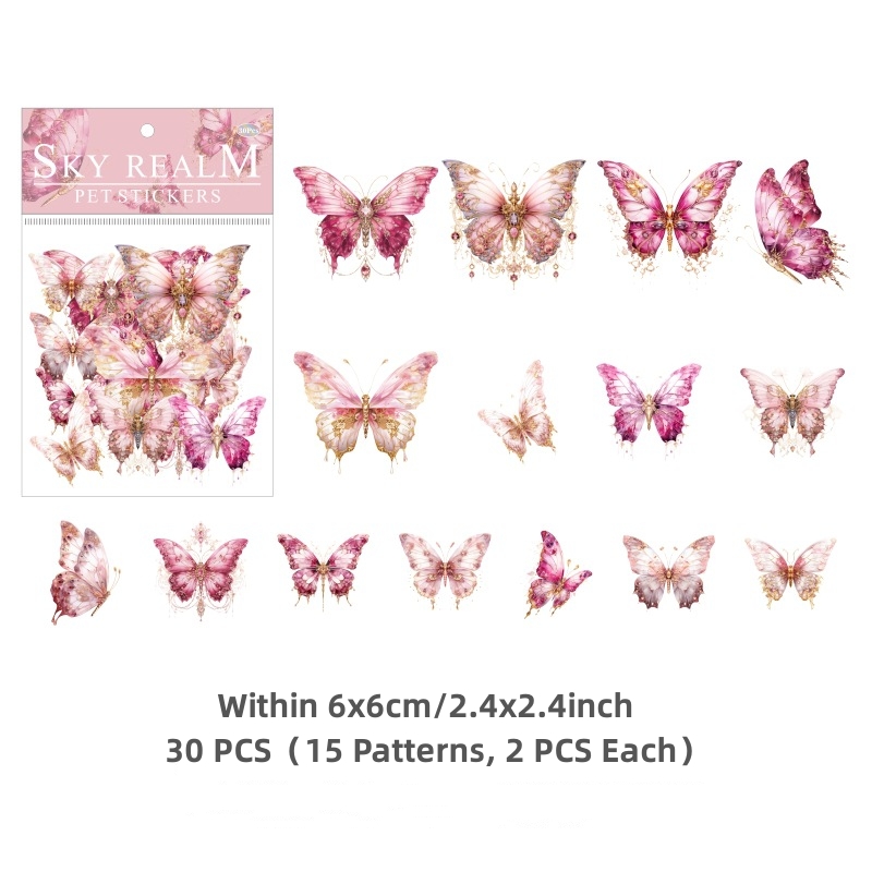 Sweet Journal 30PCS Sky Realm Series Butterfly PET Stickers Diary Journaling Decorative Crafts Scrapbooking DIY Waterproof Sticker