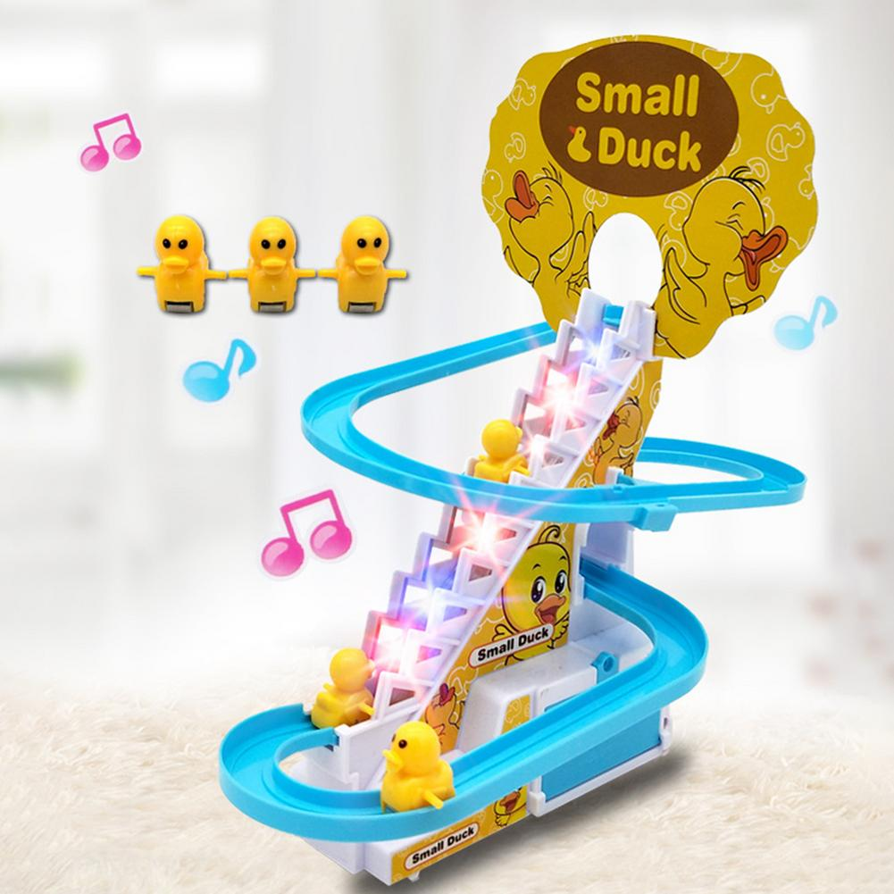 NEXTAKE Duck Slide Toy Set, Funny Automatic Stair-Climbing Ducklings Cartoon Race Track Set Little Lovely Penguins Slide Toy Escalator Toy with Lights and Music. 
