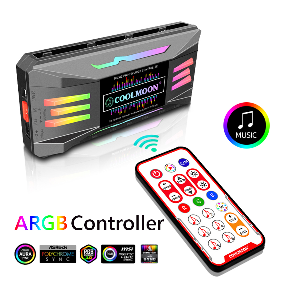 Coolmoon Argb Controller 4pin Pwm 5v 3pin Argb Cooling Fan Smart Intelligent Remote Control For Case Chassis Radiator
