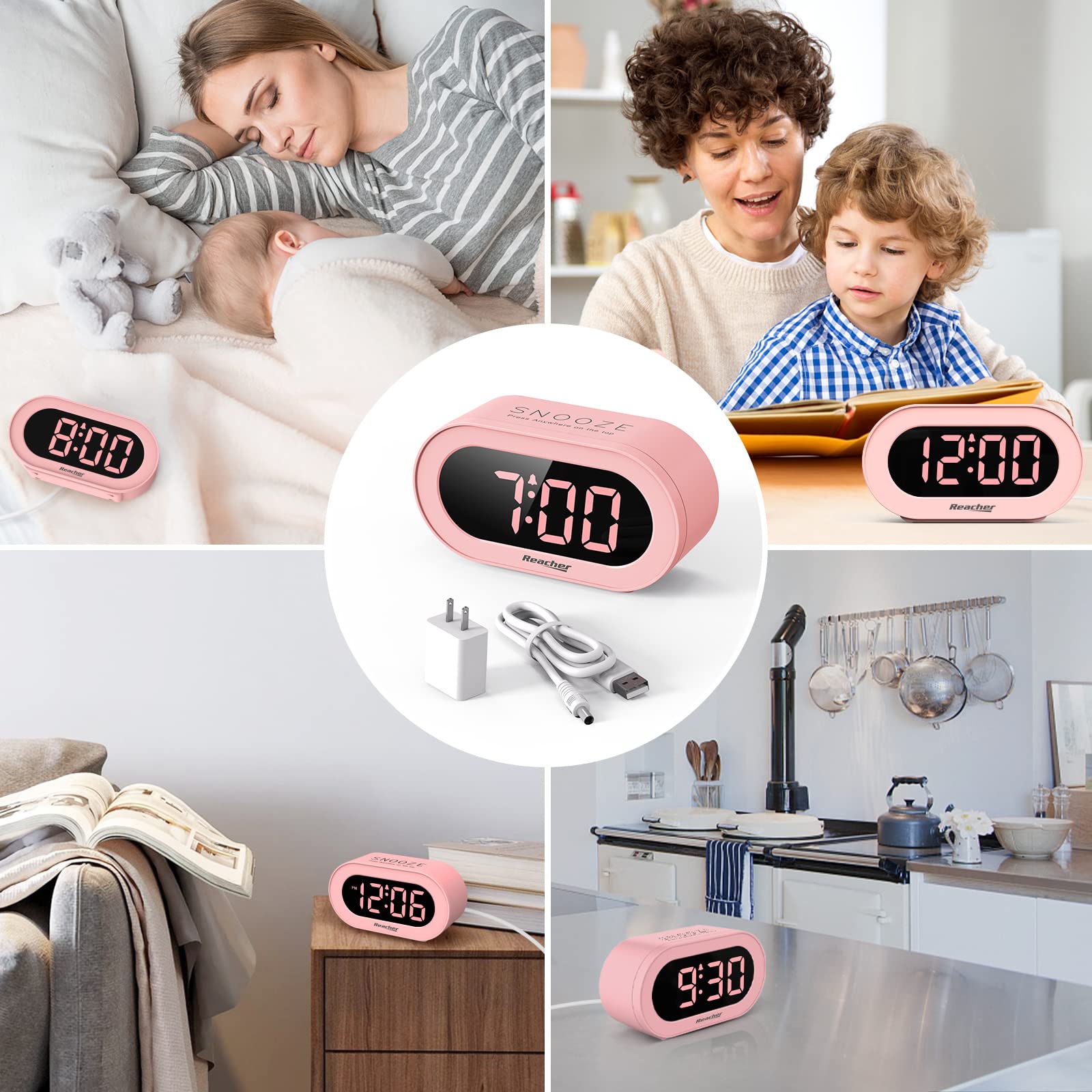 Pink alarm clock for girls for children's bedroom, dimmable digital LED display, powered by outlet, adjustable volume, easy to use, small size - American. 