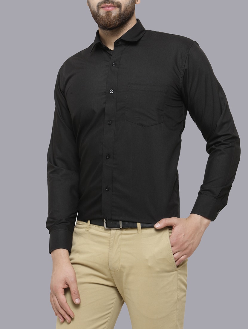 black dress shirt and khakis