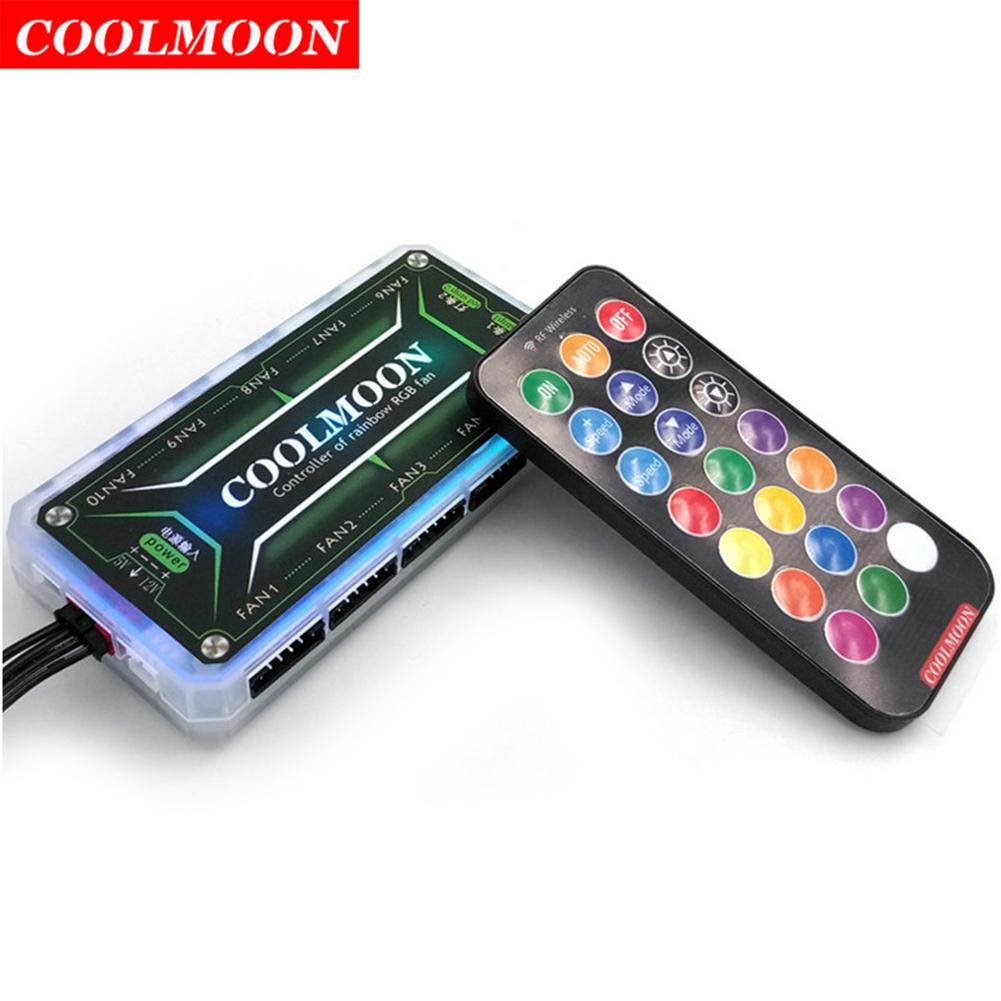 Group Vertical Coolmoon RGB Remote Controller Dc12v 5a Led Smart Fan Controller With 10pcs 6-pin Fan Ports 2pcs 4-pin Light Bar Ports. 