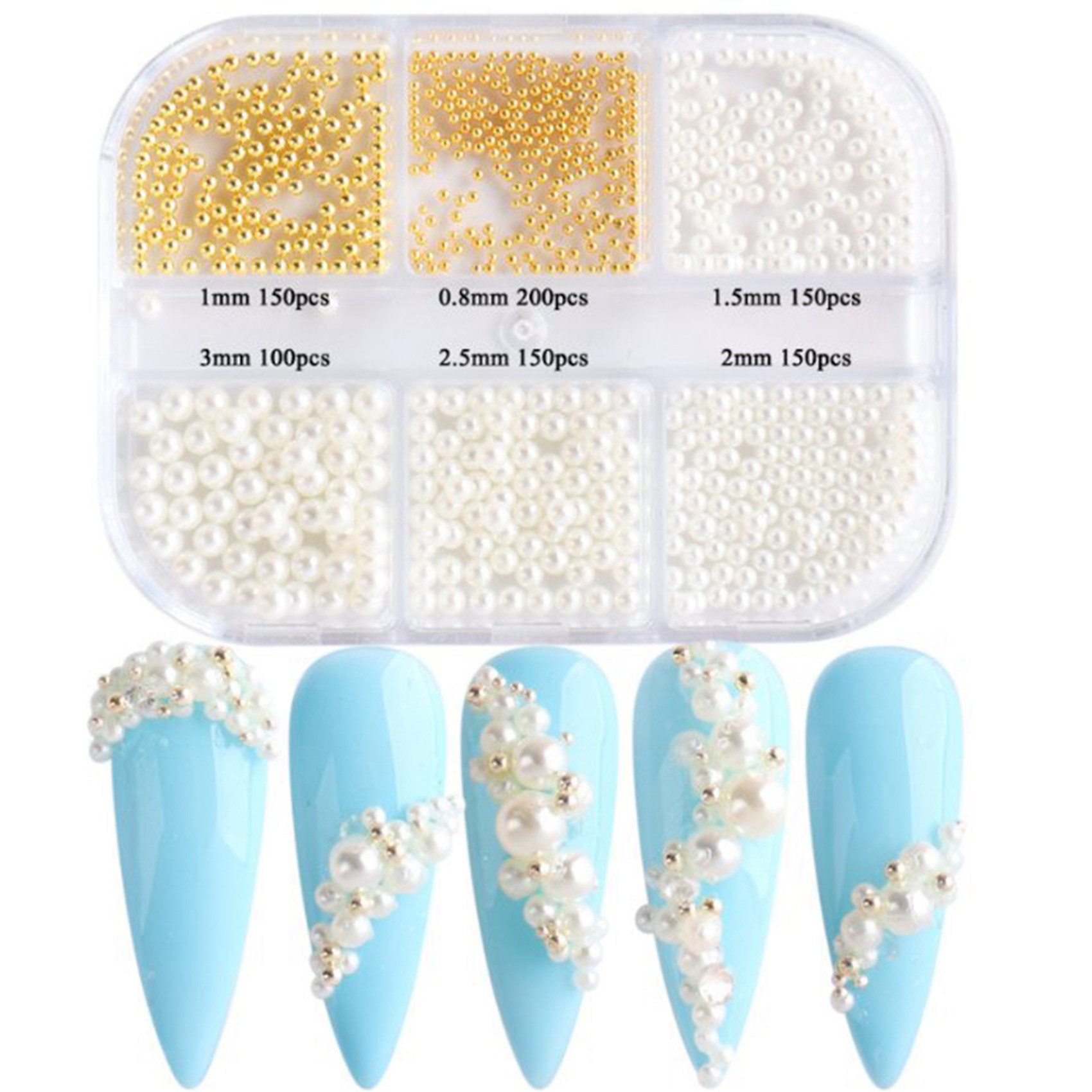 1Box Pearl Nail Charms White Round Nail Parts Gold Steel Beads Balls Jewelry Nail Art Accessories Color:ZZ01