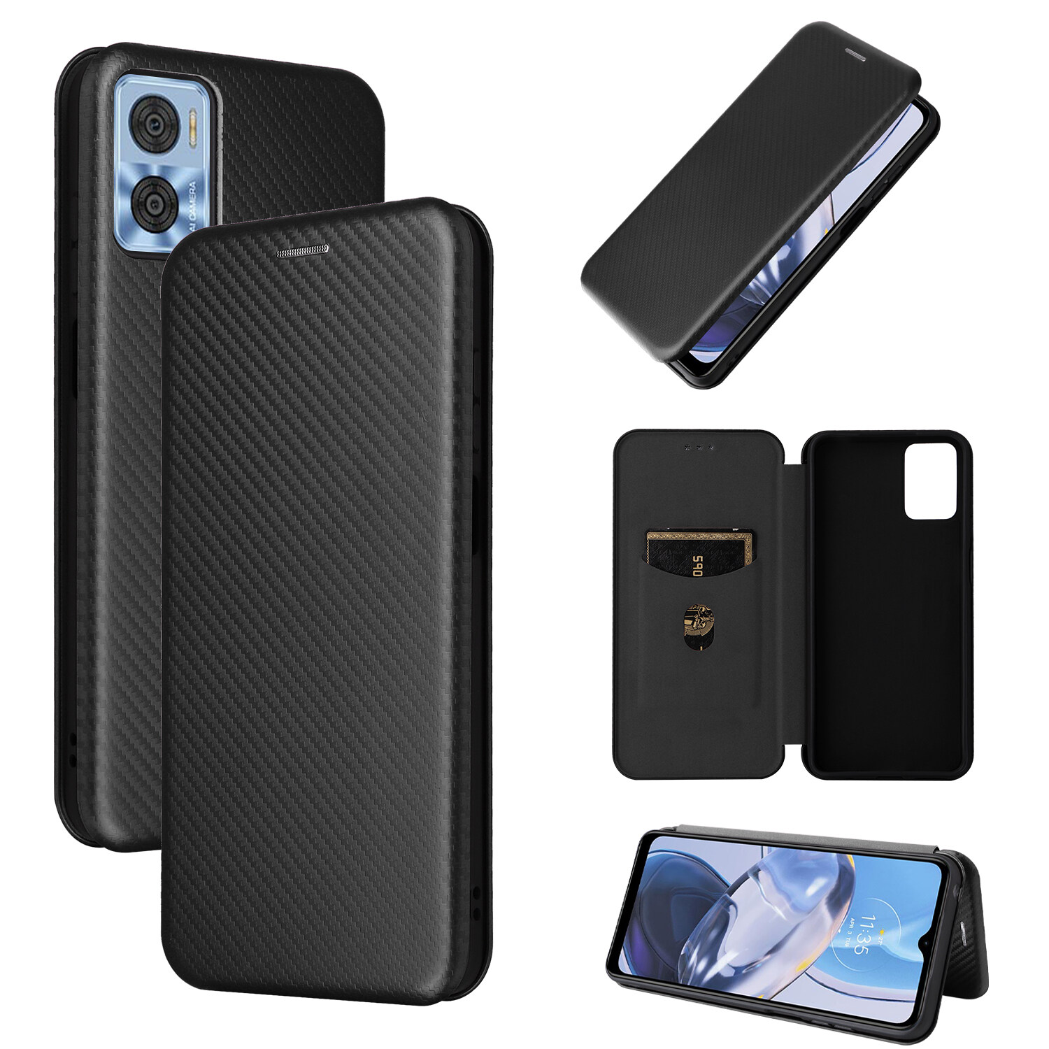 lthmy for Motorola Moto E22 / Moto E22i Carbon Fiber Magnetic Closure with Card Slot Flip Case Cover