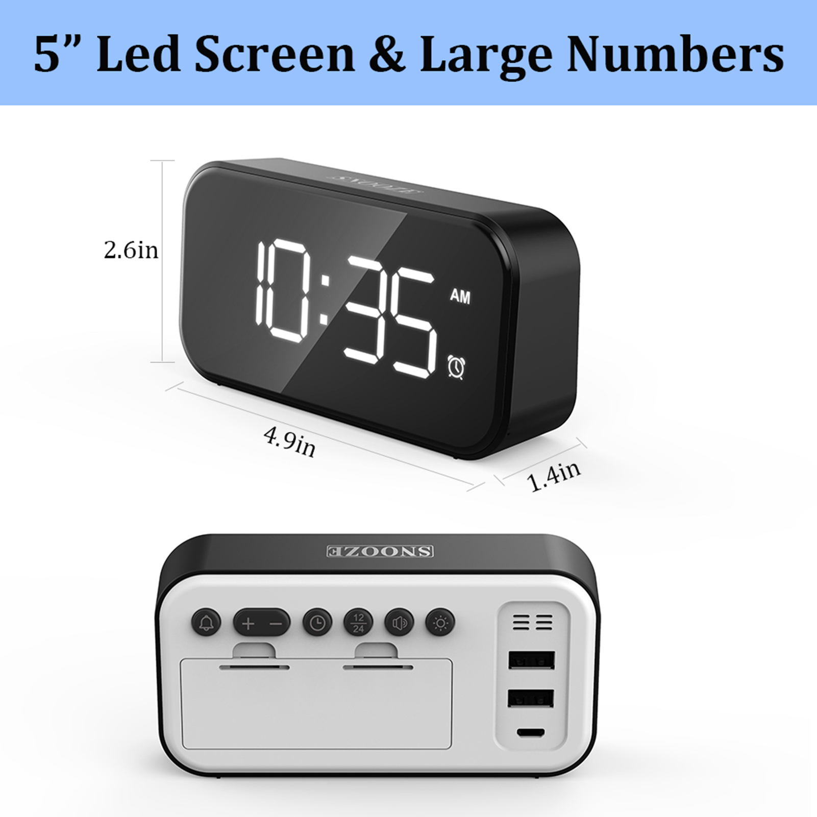 【3C VictoryEagle】White Digital Alarm Clock with USB Port for Charging Adjustable Brightness Dimmer Display 12/24Hr Snooze Adjustable Alarm Volume Small Desk Bedroom. 