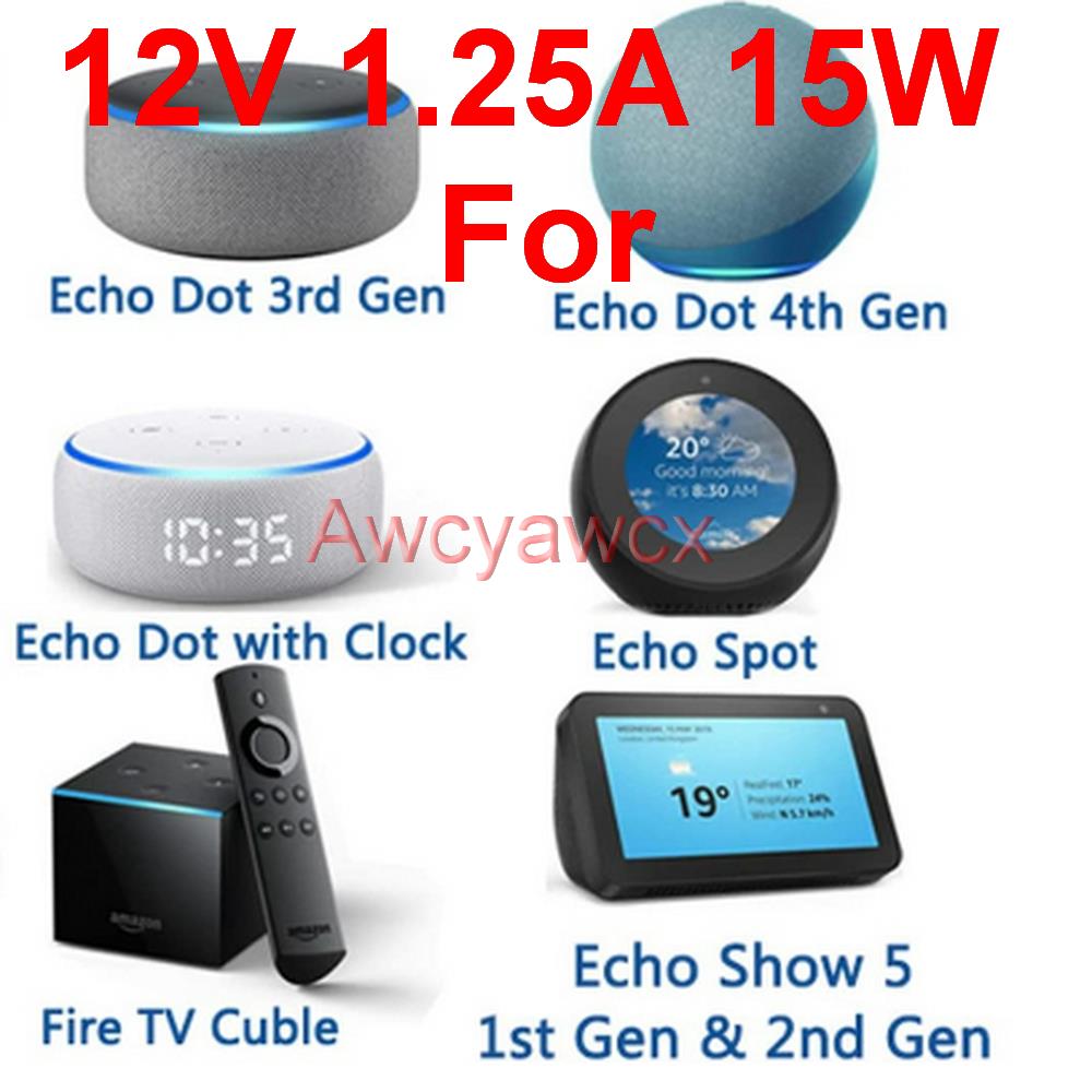 12V 1.25A Power Supply AC DC Adapter Charger for Alexa Echo Spot Echo Dot 3rd Gen and 4th Gen Fire TV Cube Show 5 Dot with Clock. 