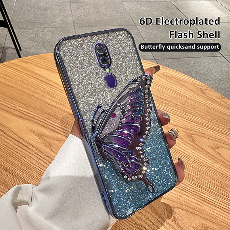 For OPPO A9 2020 / A5 2020 Casing case with 3D Flowing Sand Diamond Butterfly Stand Luxury Slim Gradient Plating Glitter Girls Stylish Back Cover Clear Soft Silicone Protective Cases Pouch