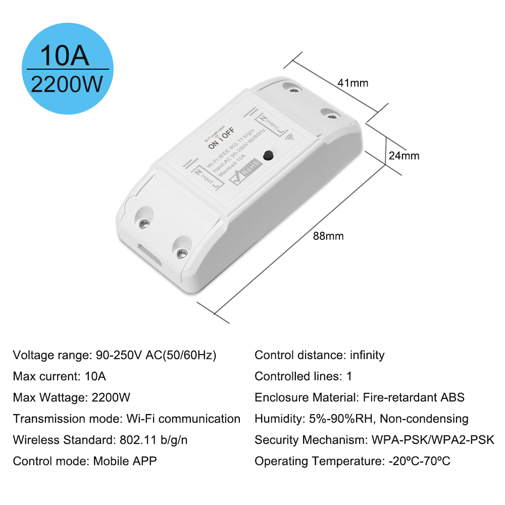 Tuya WiFi Smart Switch 10A/2200W Wireless Remote Switch Timer APP Control Smart Home -White. 