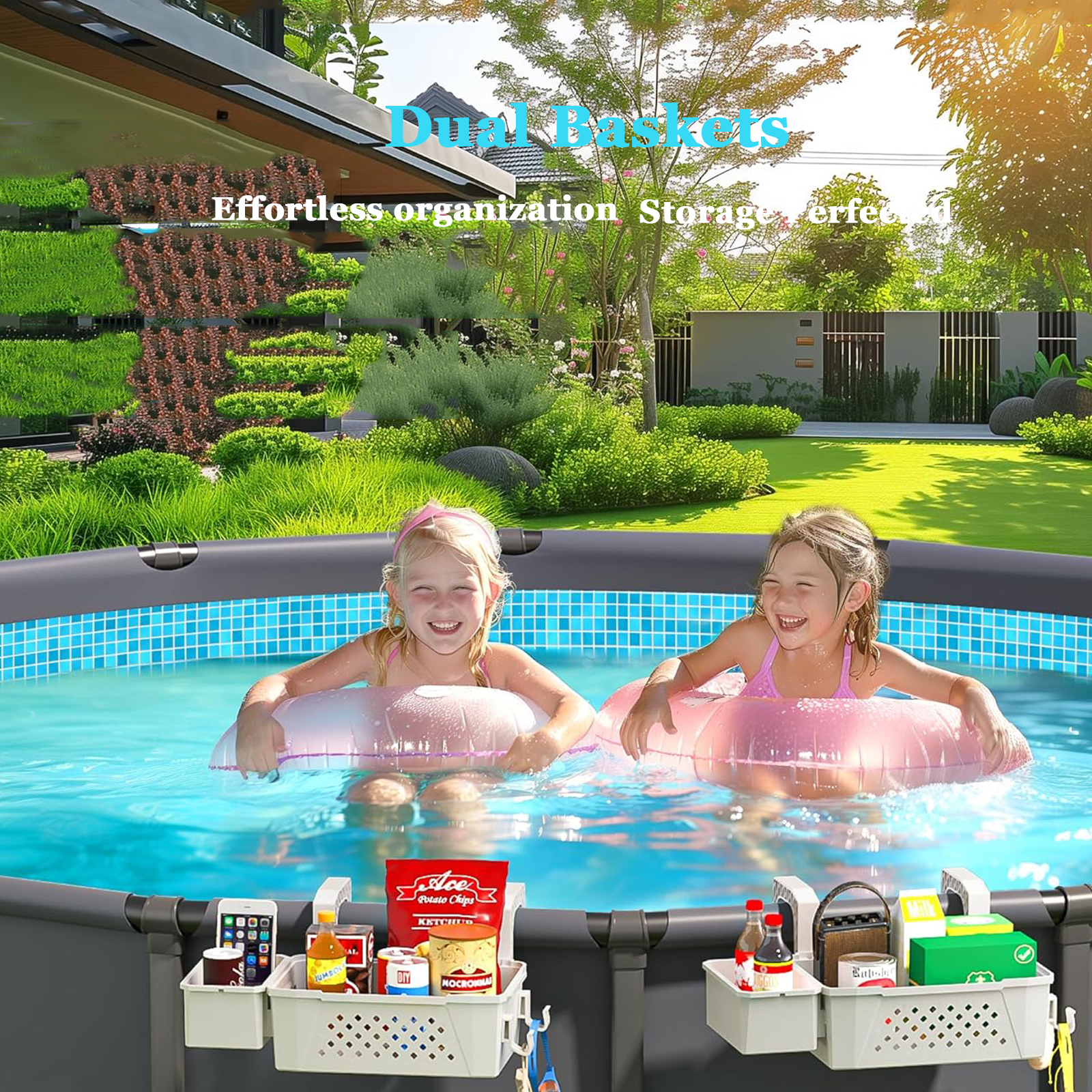 GC Poolside Storage Baskets For 3-Inch Or Smaller Top Rails, Swimming Pool Storage Basket With Cup Holders For Most Above Ground Pool. 
