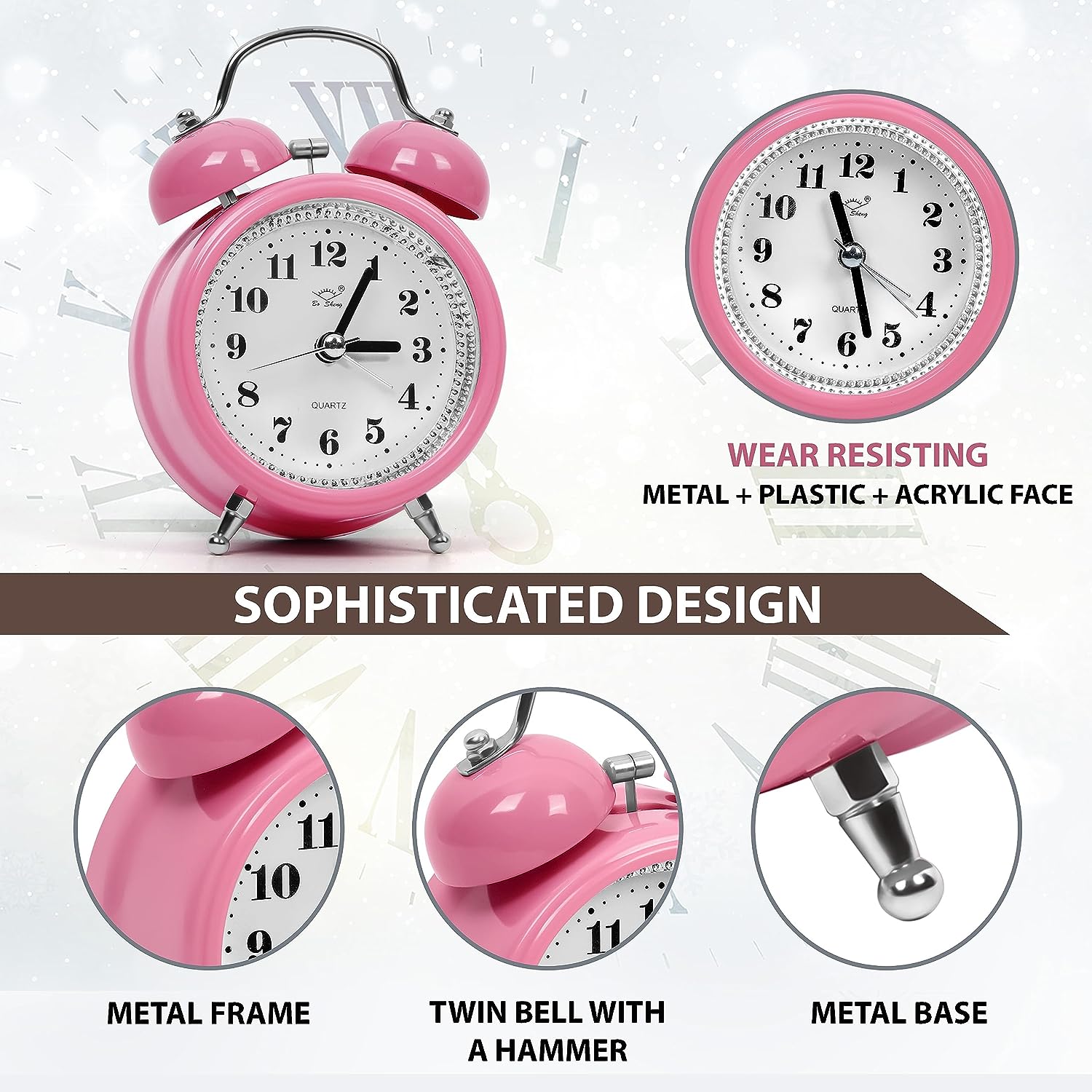 Classic Double Metal Bell Desk Table Loud Alarm Clock with Night Light Function. 