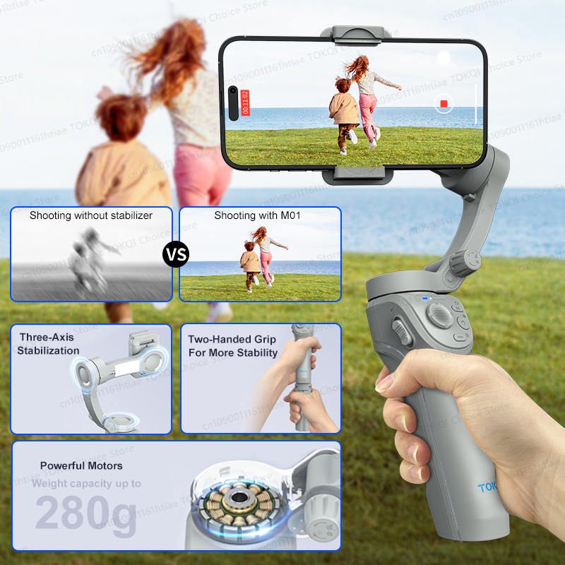 TOKQI M01 3-Axis Anti-Shake Handheld Gimbal Phone Stabilizer Foldable Holder Selfie Tripod with Fill Light for iPhone Smartphone. 