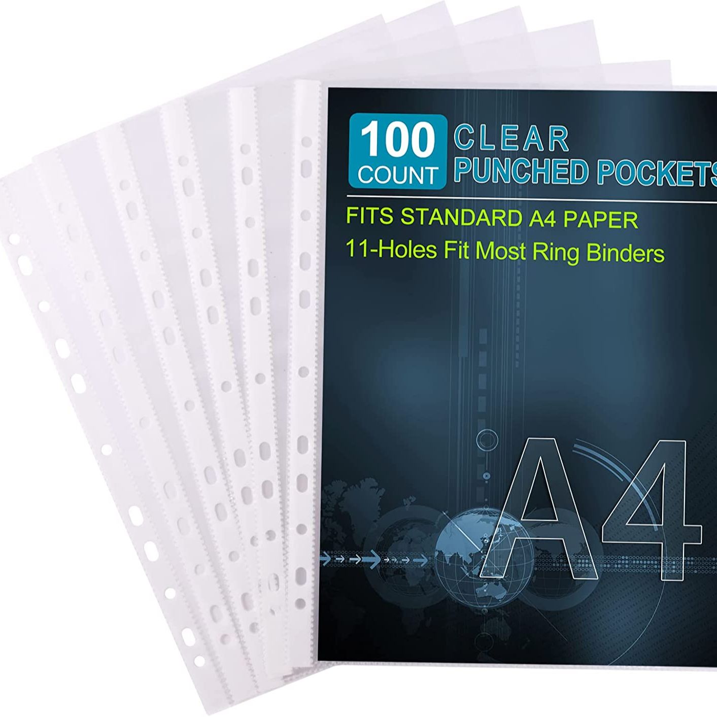 A4 Plastic Punch Pockets Folders (100 Pieces) 6 Micron, Top Opening Sheet Protector, Reinforced 11-Hole for Most Ring Binders, Clear Poly Document Files Protector Pocket. 