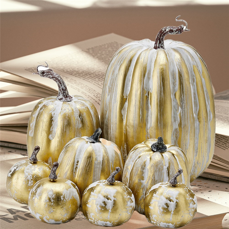 8PCS Assorted Fall Artificial Pumpkins Gold Brushed White Pumpkins Decorative Gold&White