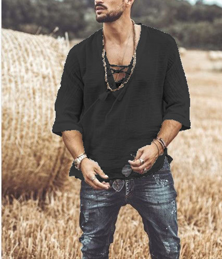 2024 European and American new wish Amazon men's chest tie corn sleeve t-shirt shirt