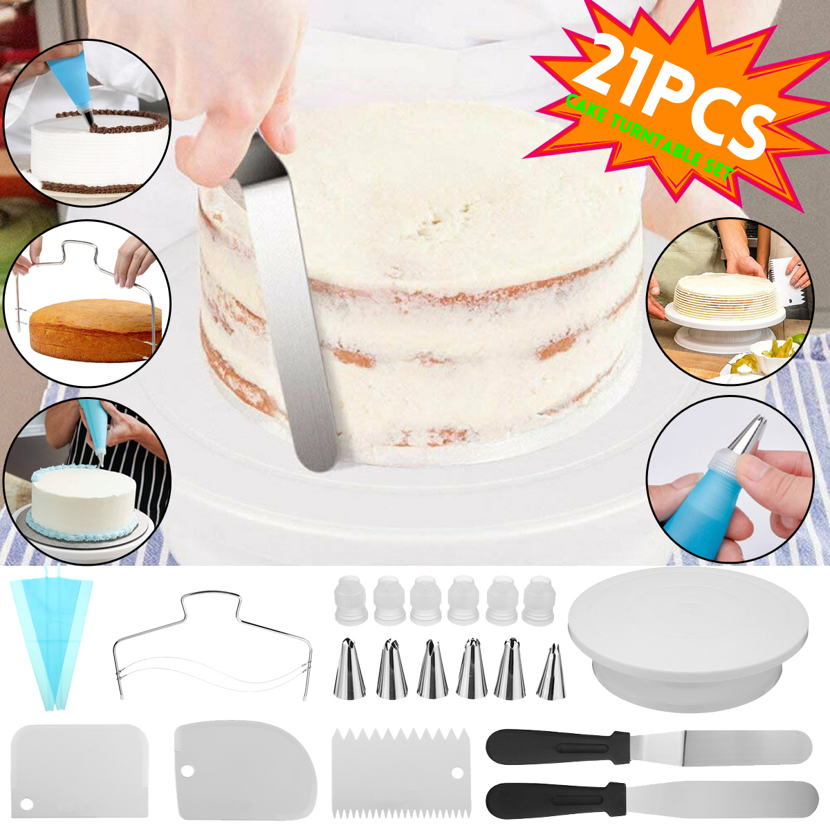 21Pcs Cake Decorating Kit Turntable Rotating Baking Flower Icing Piping Nozzle Baking Tools Set