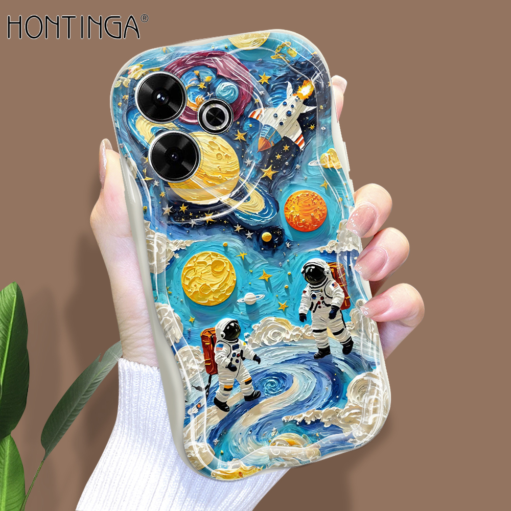Hontinga for Redmi 13 Xiaomi Poco M6 4G Back Cover Cute Planetary Astronauts Cream Texture Phone Case Wavy Edge Soft Silicone Cover