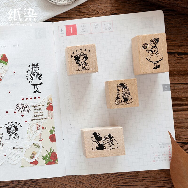 【VisioN Shop】Vintage Girl Diary Bear Wood Stamp DIY Wooden Rubber Stamps for Scrapbooking Diary Standard Stamp. 